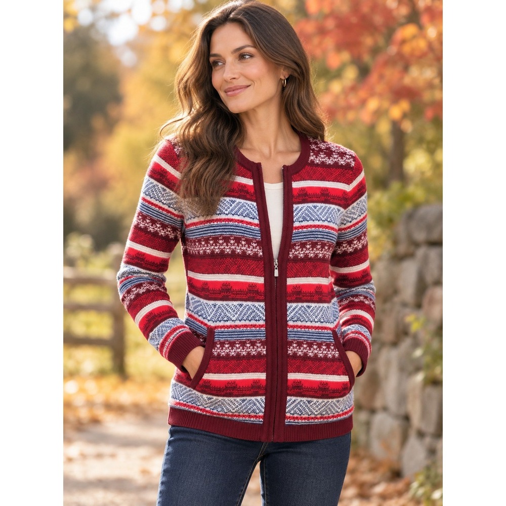 LOFT Fair Isle Cardigan Womens Medium Textured Knit Sweater Cozy Cabin Nordic